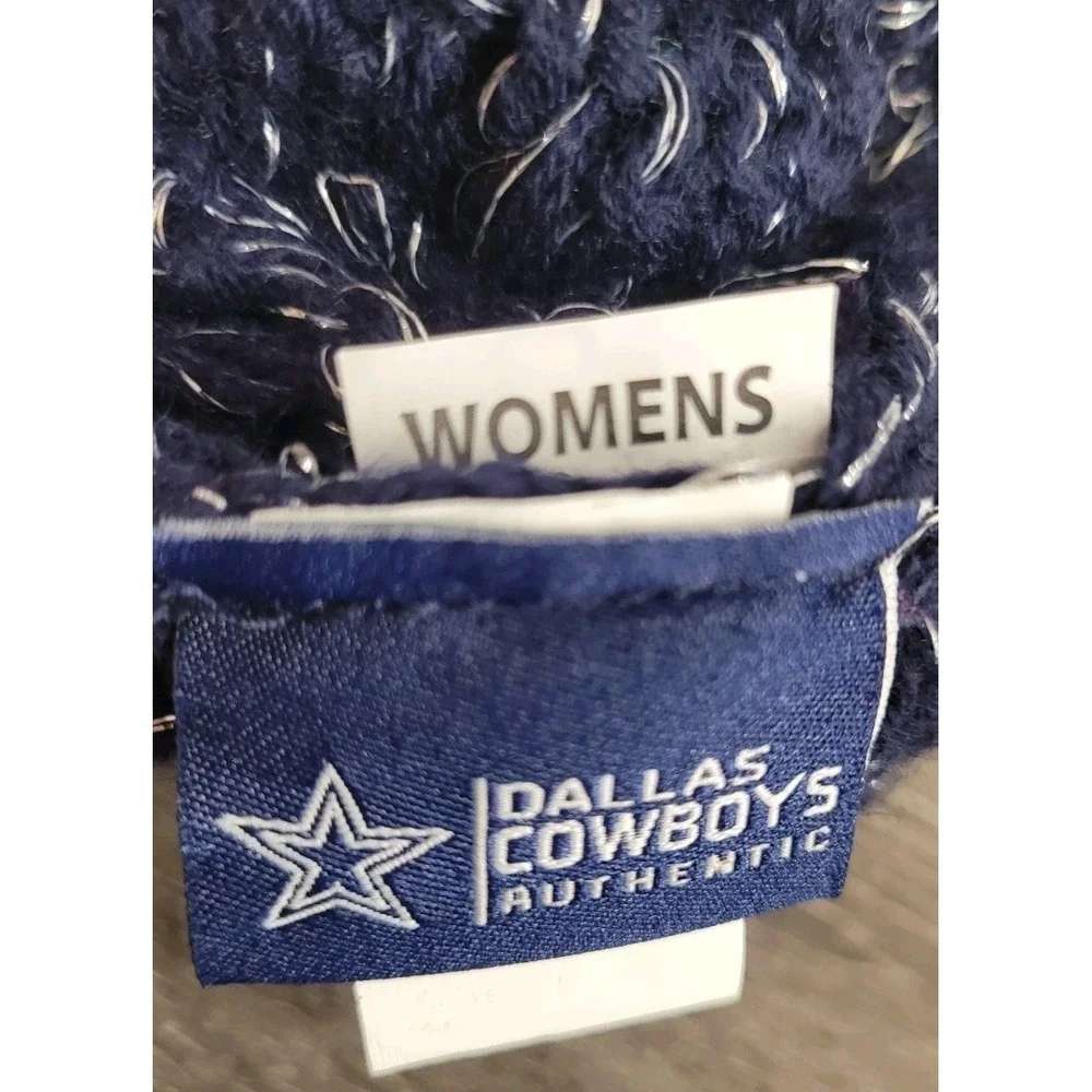 Dallas Cowboys Womens Knit Beanie Hat Navy Blue Pink Pom Pom Metallic‎ Thread